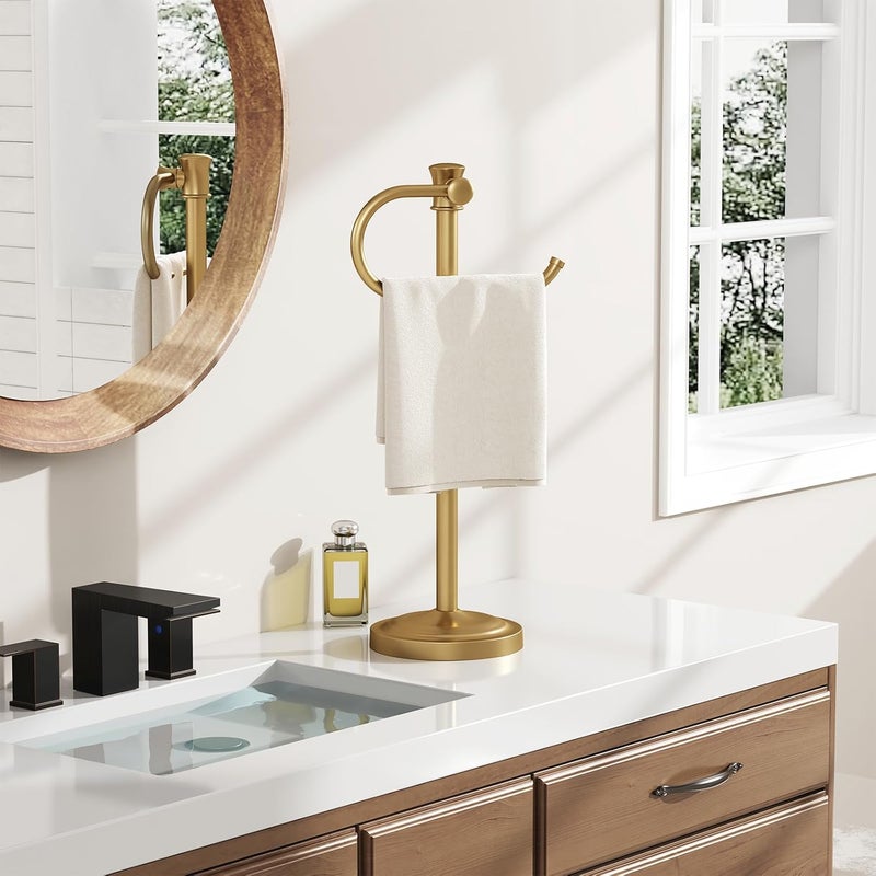 BESy 17 Inch Brushed Gold Stand Towel Bar Hanger Hand Towel Bar Bathroom Vanity Countertop Towel Holder Free Standing Stainless Steel Towel Ring Hardware Accessories Towel Rack - Image 2